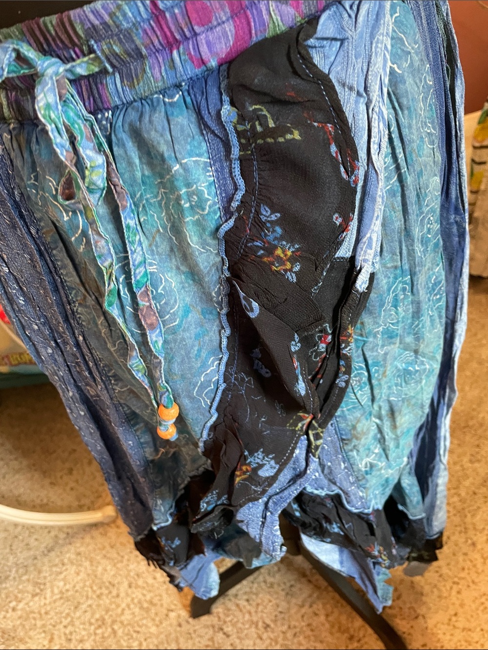 Boho Blue Patchwork Midi Skirt with Drawstring Waist Young Threads XL - Picture 4 of 16